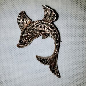 Sterling Silver marcasite & onyx pin fish